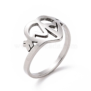 201 Stainless Steel Heart Beat Finger Ring, Hollow Wide Ring for Women, Stainless Steel Color, US Size 6 1/2(16.9mm)(RJEW-J051-18P)
