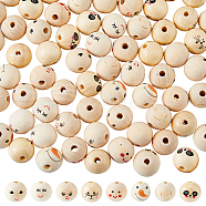 80Pcs 8 Styles Printed Wood European Beads, Large Hole Round Beads with Smiling Face Pattern, Undyed, Beige, 19~20x17.5~20mm, Hole: 4~5mm, 10pcs/style(WOOD-DC0001-07)