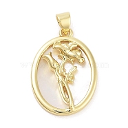 Rack Plating Brass Pave Shell Pendants, Oval with Flower Charms, Long-Lasting Plated, Lead Free & Cadmium Free, Real 18K Gold Plated, 25x17.5x3mm, Hole: 5x3.5mm(KK-Z064-28G-07)