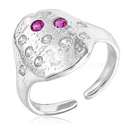 Rhodium Plated 925 Sterling Silver Twist Oval Open Cuff Ring, Deep Pink Cubic Zirconia Chunky Ring for Women, Platinum, US Size 5 1/4(15.9mm)(JR906A)