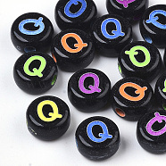 Opaque Black Acrylic Beads, Horizontal Hole, Flat Round with Mixed Color Letter, Letter.Q, 7x4mm, Hole: 1.6mm, about 3600pcs/500g(MACR-N008-17Q)