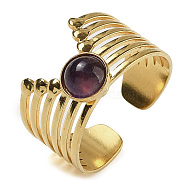 Natural Amethyst Finger Rings, 304 Stainless Steel Multi-layer Open Cuff Rings, Real 18K Gold Plated, 13.5mm, Adjustable(RJEW-U027-02G-01)