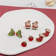 4 Pairs Santa Claus & Holly Leaves & Christmas Socking Printed Wood Stud Earrings, Flat Round Wood & Resin Earring, Mixed Color,  14~17x10~14mm(EJEW-OY001-02)