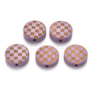 Painted Natural Wood Beads, Laser Engraved Pattern, Flat Round with Grid Pattern, Medium Purple, 15x5mm, Hole: 1.8mm(WOOD-N006-04D)