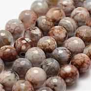 Faceted Natural Fire Crackle Agate Beads Strands, Round, Dyed & Heated, Khaki, 12mm, Hole: 1.5mm,about 30~32pcs/strand, 14 inch(35.6cm)(G-F447-12mm-B14)