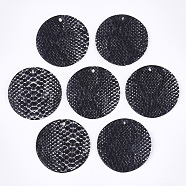 PU Leather Pendants, Flat Round with Snakeskin Pattern, Black, 40x1.5mm, Hole: 2mm(X-FIND-S300-53A)