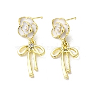 Flower Alloy Pave Cubic Zirconia & Enamel Stud Earrings, Bowknot Charm Earrings for Women, Golden, 34x14mm(EJEW-K282-02G)