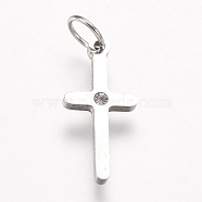 316 Surgical Stainless Steel Pendants, with Rhinestone, Cross, Stainless Steel Color, 16.5x8x1.5mm, Hole: 3.5mm(X-KK-I612-08P)