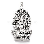 Tibetan Style Alloy Big Pendants, Hindu Elephant God Lord Ganesh Statue, Cadmium Free & Nickel Free & Lead Free, Antique Silver, 61x32x7mm, Hole: 3.5mm, about 65pcs/1000g(TIBEP-T002-119AS-NR)
