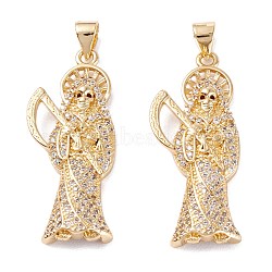 Brass Micro Pave Clear Cubic Zirconia Pendants, Long-Lasting Plated, Death, Real 18K Gold Plated, 32.5x13.5x4mm, Hole: 4.5x3.5mm(ZIRC-M116-05G)