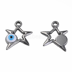 304 Stainless Steel Enamel Pendants, Star with Evil Eye, Stainless Steel Color, White, 14.5x13x3mm, Hole: 1.6mm(STAS-N087-51-02P)