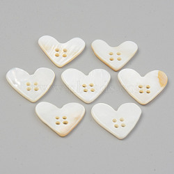 Natural 4-Hole Freshwater Shell Buttons, Heart, Seashell Color, 14~16x17~18x2mm, Hole: 1.4mm(BUTT-T011-02)
