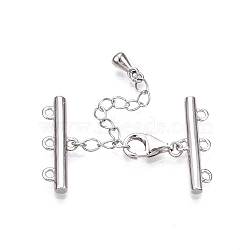 Anti-Tarnish Rhodium Plated 925 Sterling Silver Necklace Layering Clasps, with 3 Strands 6-Hole Ends and Lobster Claw Clasps, Platinum, 19.5x6.5x2mm, Hole: 1.2mm, Lobster Clasp: 9x5.5x2.5mm, Pendant: 6x3mm, Chain: 40mm(STER-N016-14P)