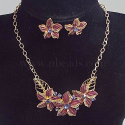 Alloy Rhinestone & Enamel Earrings & Necklaces Sets, Flower, Rosy Brown, 340mm(FS-WG43F39-02)