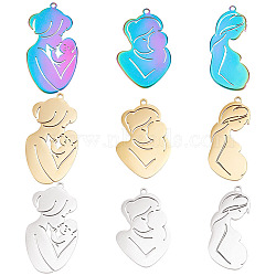9Pcs 9 Style 304 Stainless Steel Pendants, Pregnant Woman & Mother & Child, Mixed Color, 37.5~46x18~25x1mm, Hole: 1.8~2mm, 1pc/style(STAS-UN0039-26)