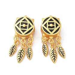 Rack Plating Brass European Beads, Large Hole Beads, Long-Lasting Plated, Matte Style, Flat Round with Feather, Antique Golden, 27x10.5x8mm, Hole: 4mm(KK-M245-01MAG)