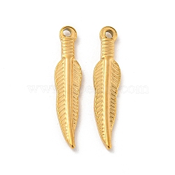 304 Stainless Steel Pendants, Feather Charm, Real 14K Gold Plated, 28.5x6x2.5mm, Hole: 1.8mm(STAS-L022-212G)