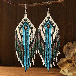 Elegant Retro Tassel Dangle Earrings, with Geometric Glass Beads Handmade Jewelry, Platinum, Blue, 125x36mm(CH9450)