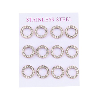 PVD Vacuum Plating 304 Stainless Steel Stud Earrings, with Rhinestone, Ring, Rose Gold, 13mm, 12pcs/set