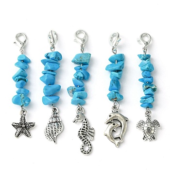 Synthetic Turquoise Chip Pendant Decorations, with Alloy Charms and Lobster Claw Clasps, Mixed Shapes, Antique Silver, 58~68mm