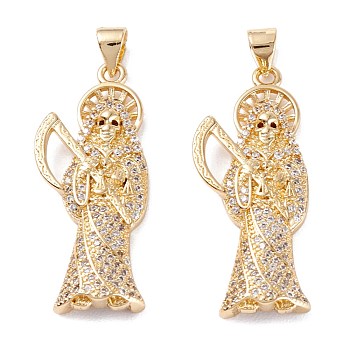 Brass Micro Pave Clear Cubic Zirconia Pendants, Long-Lasting Plated, Death, Real 18K Gold Plated, 32.5x13.5x4mm, Hole: 4.5x3.5mm