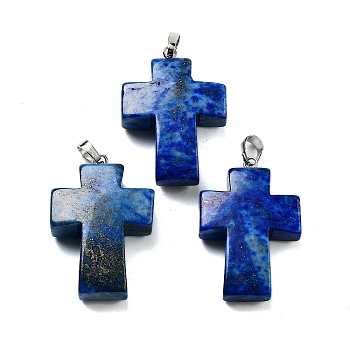 Natural Lapis Lazuli Pendants, Religion Cross Charms with Rack Plating Platinum Tone Brass Snap on Bails, 35x23x9mm, Hole: 7x4mm