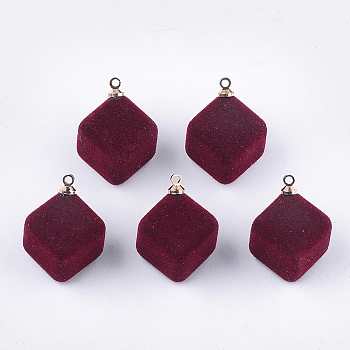 Flocky Acrylic Pendants, with Brass Findings, Cube, Golden, Dark Red, 24x17.5x17mm, Hole: 1.6mm