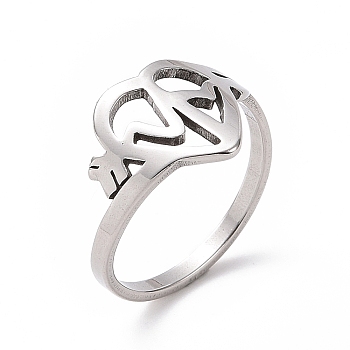 201 Stainless Steel Heart Beat Finger Ring, Hollow Wide Ring for Women, Stainless Steel Color, US Size 6 1/2(16.9mm)