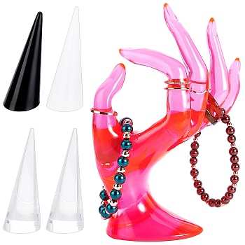Nbeads 7Pcs 4 Style Acrylic Ring Displays, Cone Shaped Finger Ring Display Stands, Misty Rose, 2.3~2.62x6~7.25cm, 2pcs/style