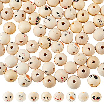 80Pcs 8 Styles Printed Wood European Beads, Large Hole Round Beads with Smiling Face Pattern, Undyed, Beige, 19~20x17.5~20mm, Hole: 4~5mm, 10pcs/style