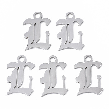 201 Stainless Steel Pendants, Laser Cut, Old English, Alphabet, Stainless Steel Color, Letter.L, 18x11.5x1mm, Hole: 2mm