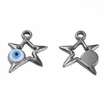 304 Stainless Steel Enamel Pendants, Star with Evil Eye, Stainless Steel Color, White, 14.5x13x3mm, Hole: 1.6mm