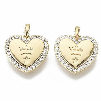 Brass Micro Pave Cubic Zirconia Charms, with Snap on Bail, Nickel Free, Heart, Clear, Real 18K Gold Plated, 12x13x2mm, Hole: 2mm