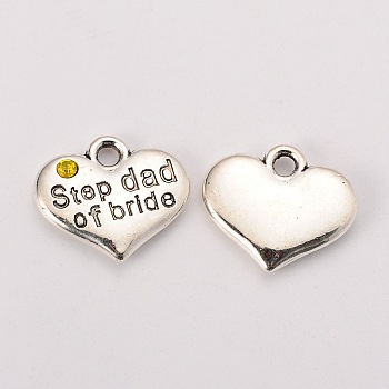 Wedding Theme Antique Silver Tone Tibetan Style Alloy Heart with Step Dad of Bride Rhinestone Charms, Cadmium Free & Lead Free, Citrine, 14x16x3mm, Hole: 2mm