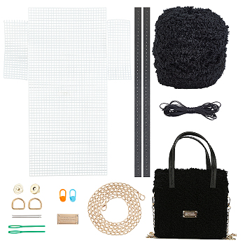 DIY Woolen Yarn Square Knitting Crochet Bags, including PU Leather Belt, Plastic Mesh, Wax Cord, Alloy D Ring & Magnetic Snap, Iron Pin & Chain, Black, 1cm