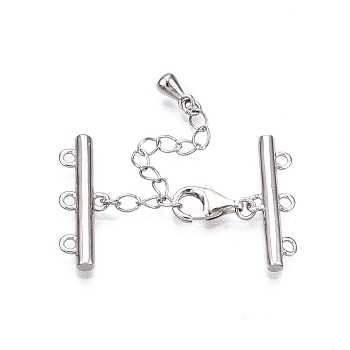 Anti-Tarnish Rhodium Plated 925 Sterling Silver Necklace Layering Clasps, with 3 Strands 6-Hole Ends and Lobster Claw Clasps, Platinum, 19.5x6.5x2mm, Hole: 1.2mm, Lobster Clasp: 9x5.5x2.5mm, Pendant: 6x3mm, Chain: 40mm