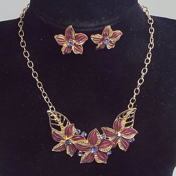 Alloy Rhinestone & Enamel Earrings & Necklaces Sets, Flower, Rosy Brown, 340mm