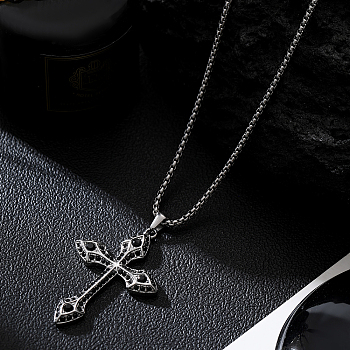 Stainless Steel Jet Rhinestone Cross Pendant Necklaces, Fashionable and Versatile for Daily Wear, Stainless Steel Color, 23.62 inch(60cm)