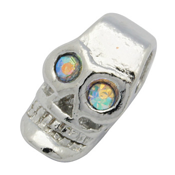 Alloy European Style Beads, for Halloween, with Rhinestone, Platinum Metal Color, Skull, Cyan, 16x9.4x8.2mm, Hole: 4mm