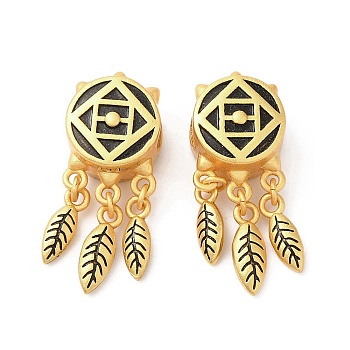 Rack Plating Brass European Beads, Large Hole Beads, Long-Lasting Plated, Matte Style, Flat Round with Feather, Antique Golden, 27x10.5x8mm, Hole: 4mm