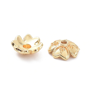 Brass 4-Petal Bead Caps, Long-Lasting Plated, Flower, Real 14K Gold Plated, 7.5x3mm, Hole: 1.4mm