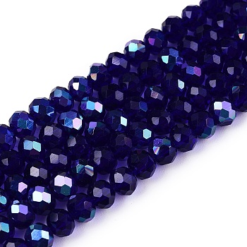 Electroplate Glass Beads Strands, Half Rainbow Plated, Faceted, Rondelle, Dark Blue, 4x3mm, Hole: 0.4mm, about 113~115pcs/strand, 41~41.5cm