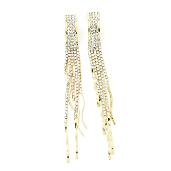 Clear Cubic Zirconia & Crystal Rhinestone Long Tassel Dangle Stud Earrings, Brass Earrings with 925 Sterling Silver Pins for Women, Light Gold, Rectangle Pattern, 117mm, Pin: 0.8mm
