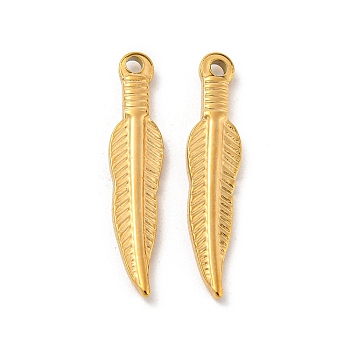 304 Stainless Steel Pendants, Feather Charm, Real 14K Gold Plated, 28.5x6x2.5mm, Hole: 1.8mm