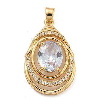 Brass Micro Pave Cubic Zirconia Pendants, with Glass, Teardrop, Clear, 26.5~27x16.5x6mm, Hole: 5x2.5mm
