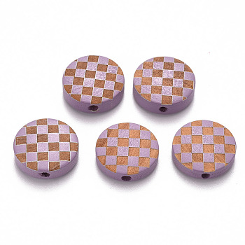 Painted Natural Wood Beads, Laser Engraved Pattern, Flat Round with Grid Pattern, Medium Purple, 15x5mm, Hole: 1.8mm