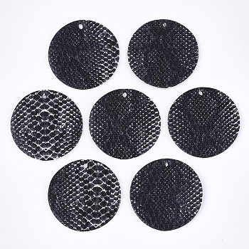 PU Leather Pendants, Flat Round with Snakeskin Pattern, Black, 40x1.5mm, Hole: 2mm