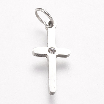 316 Surgical Stainless Steel Pendants, with Rhinestone, Cross, Stainless Steel Color, 16.5x8x1.5mm, Hole: 3.5mm