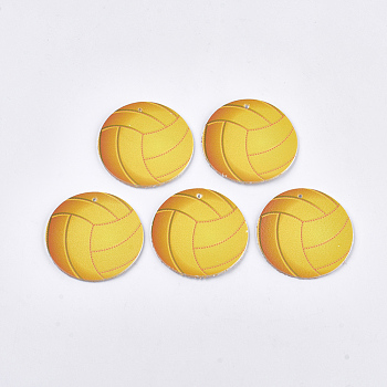 PU Leather Big Pendants, Sports Charms, Single-Sided Volleyball Pattern, Flat Round, Gold, 55x1.5mm, Hole: 2mm