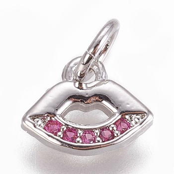 Brass Charms, with Cubic Zirconia, Lip, Deep Pink, Platinum, 7.5x9x1.5mm, Hole: 3mm